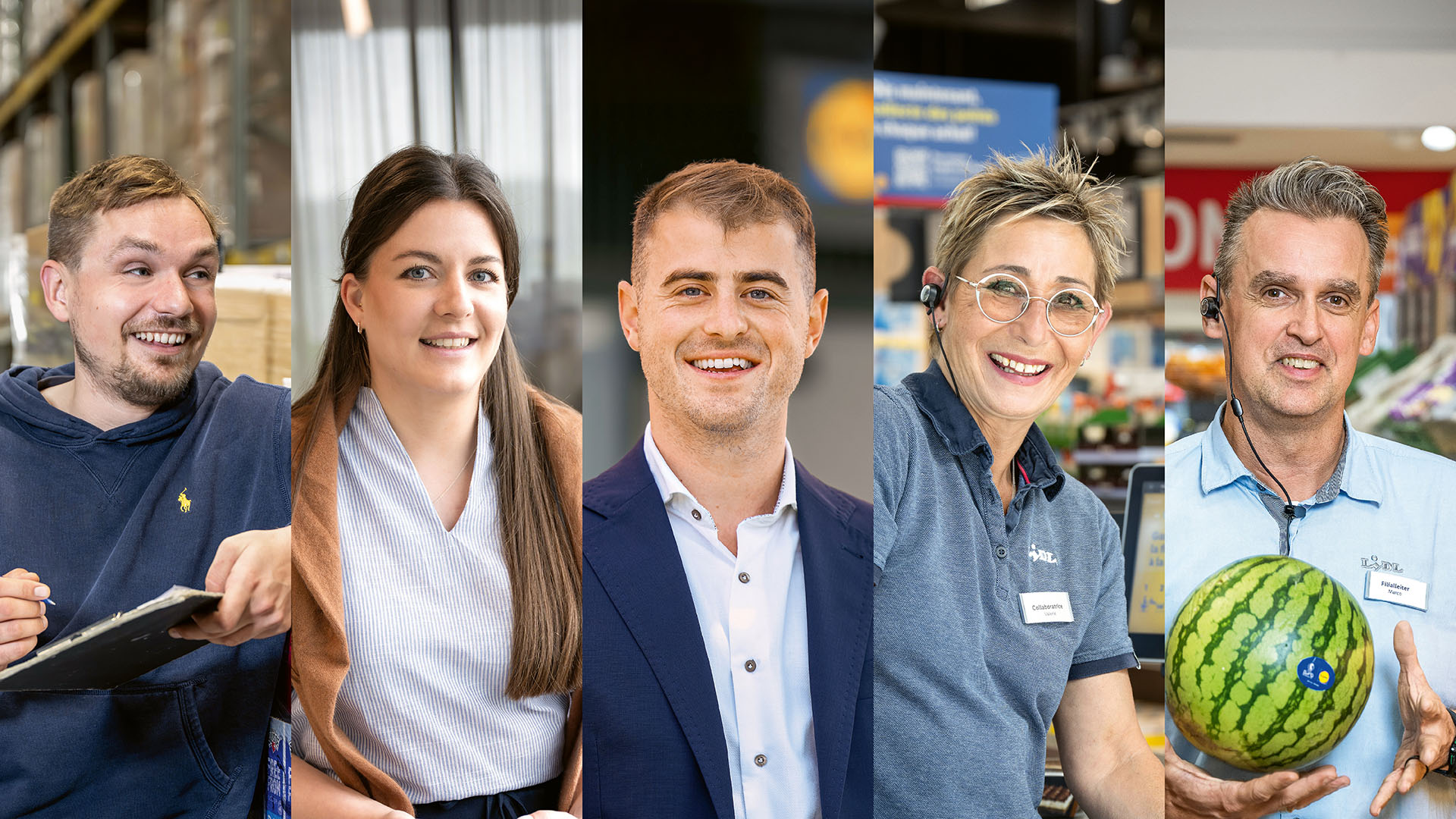 Portraitbilder von Lidl-Mitarbeiter:innen.