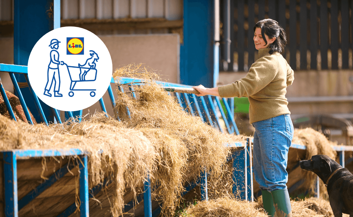 Eine junge Landwirtin verteilt mit einer Heugabel Heu in einer Futterkrippe im Freien; links ist ein rundes Logo mit einer Illustration und dem Lidl-Markenzeichen eingeblendet.
