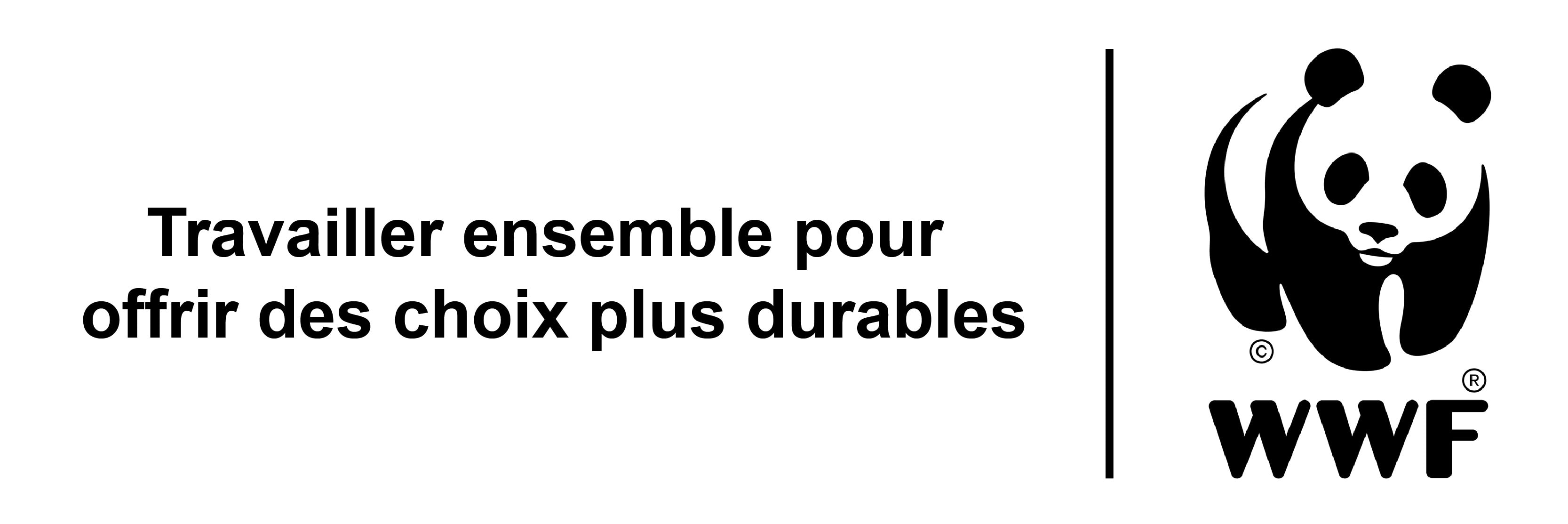 Logo WWF avec texte : Travailler ensemble pour offrir des choix plus durables.