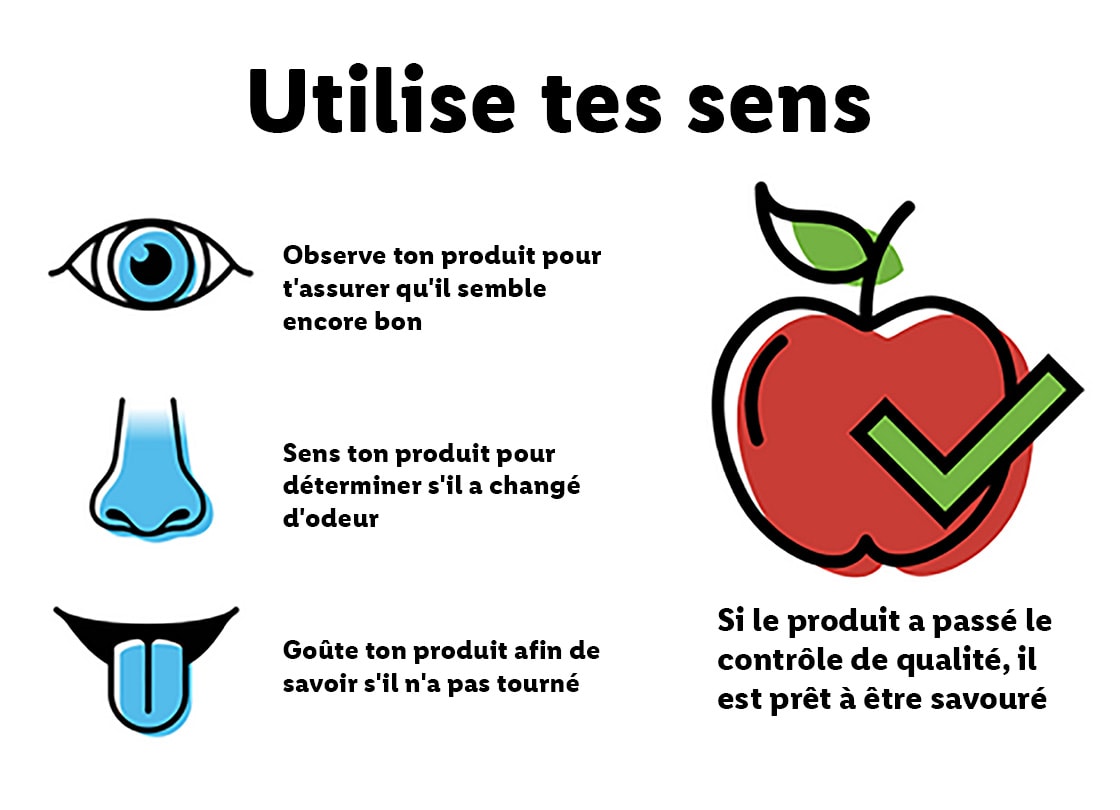 Visualisation de l'utilisation des sens pour éviter le gaspillage alimentaire en français.