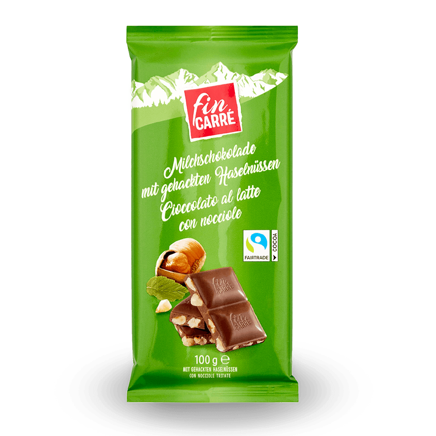 Fin Carré Milchschokolade mit gehackten Haselnüssen und Fairtrade-Kakao – für faire Perspektiven im Kakaoanbau.