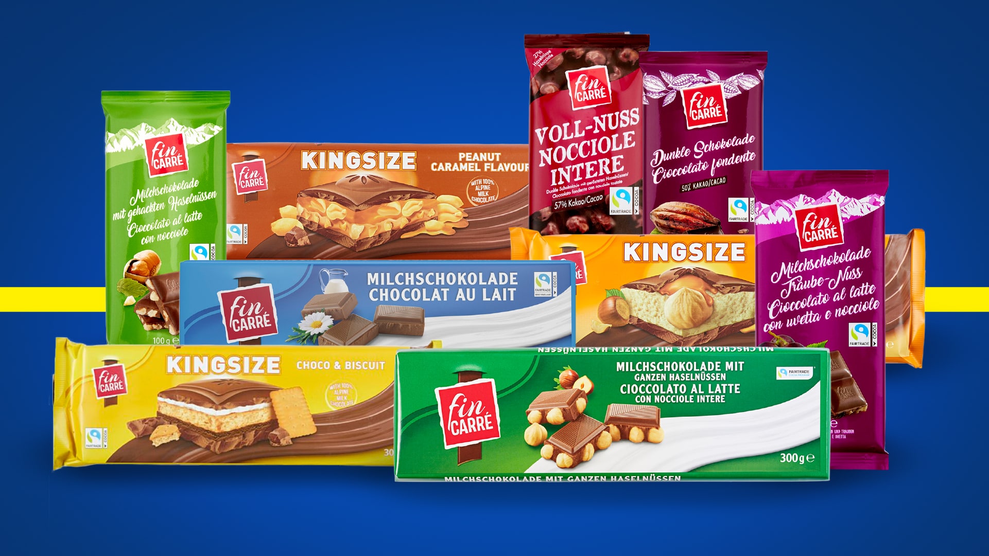 Fin Carré Fairtrade-Schokoladen-Sortiment – von Milchschokolade mit Haselnüssen bis Kingsize-Tafeln mit verschiedenen Geschmacksrichtungen.