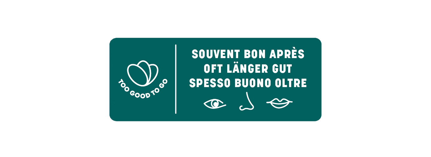 Logo Too good to go, Spesso buono oltre, illustrazione con occhio, naso, bocca.