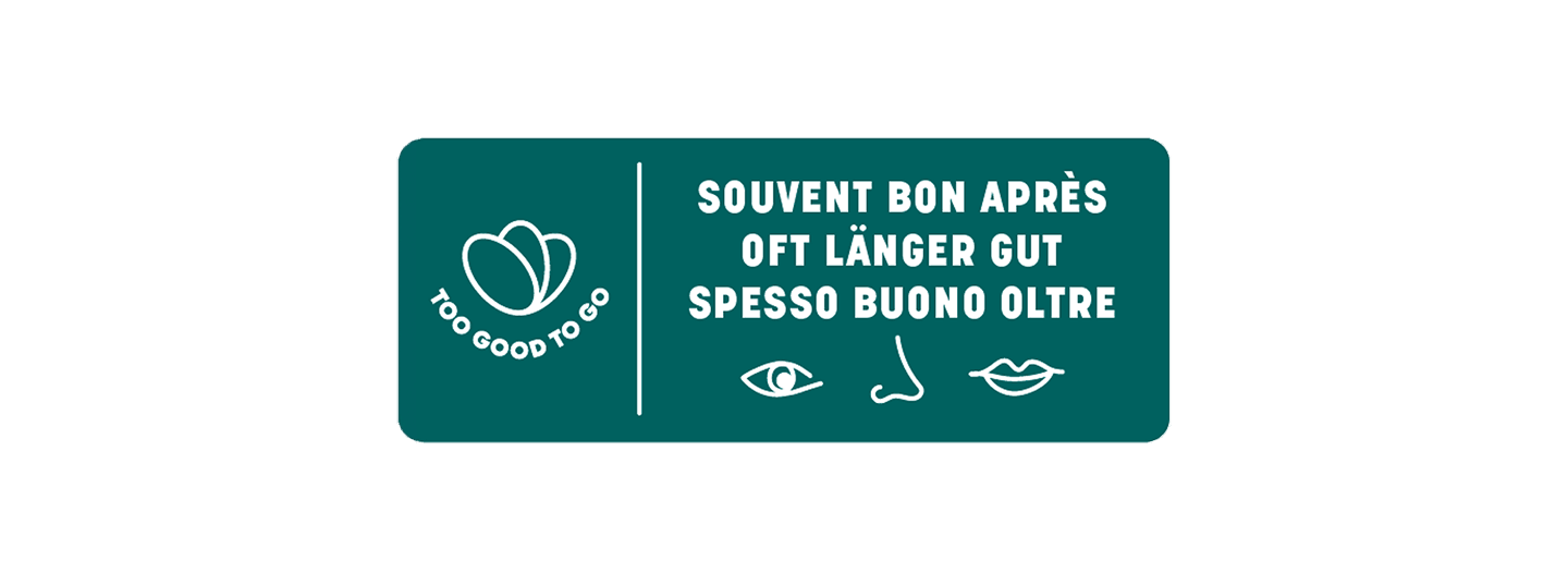 Logo Too good to go, Spesso buono oltre, illustrazione con occhio, naso, bocca.