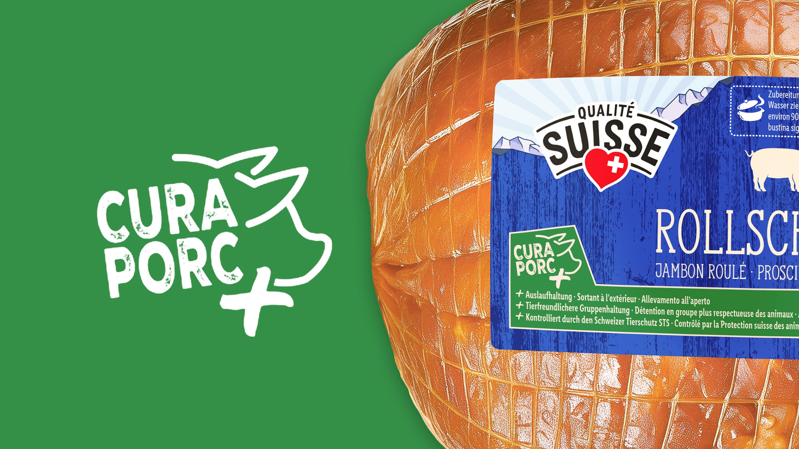 Il logo Cura-Porc su sfondo verde e un prosciutto cotto arrotolato.