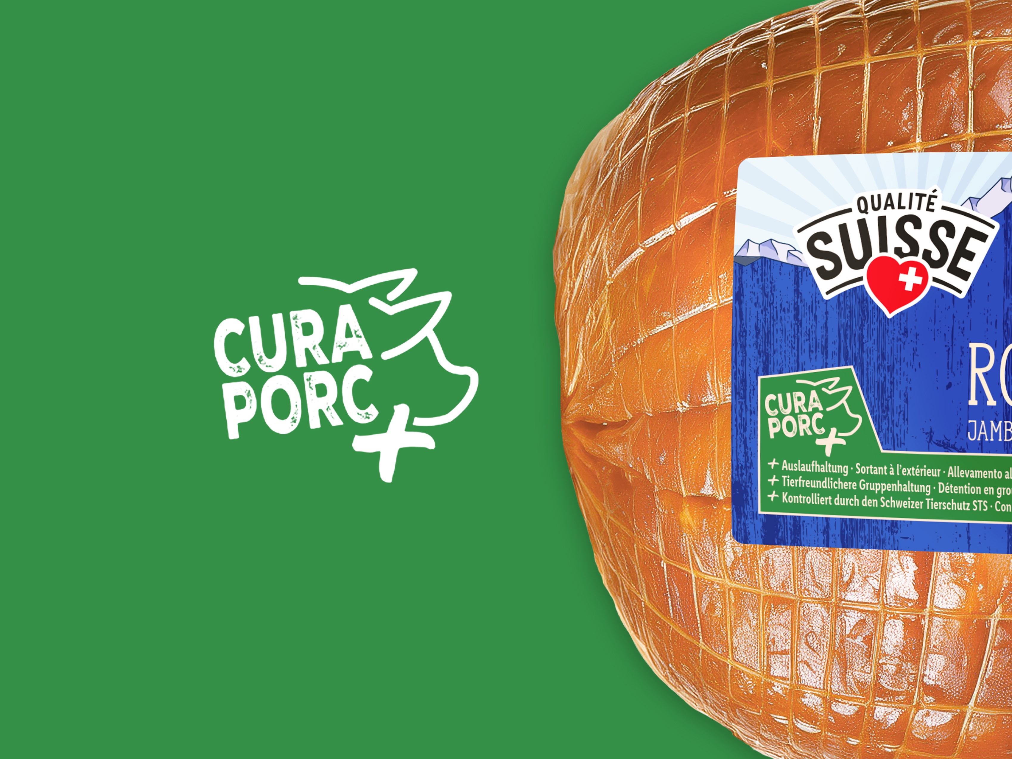 Das Cura-Porc-Logo auf grünem Hintergrund und einem Rollschinken.