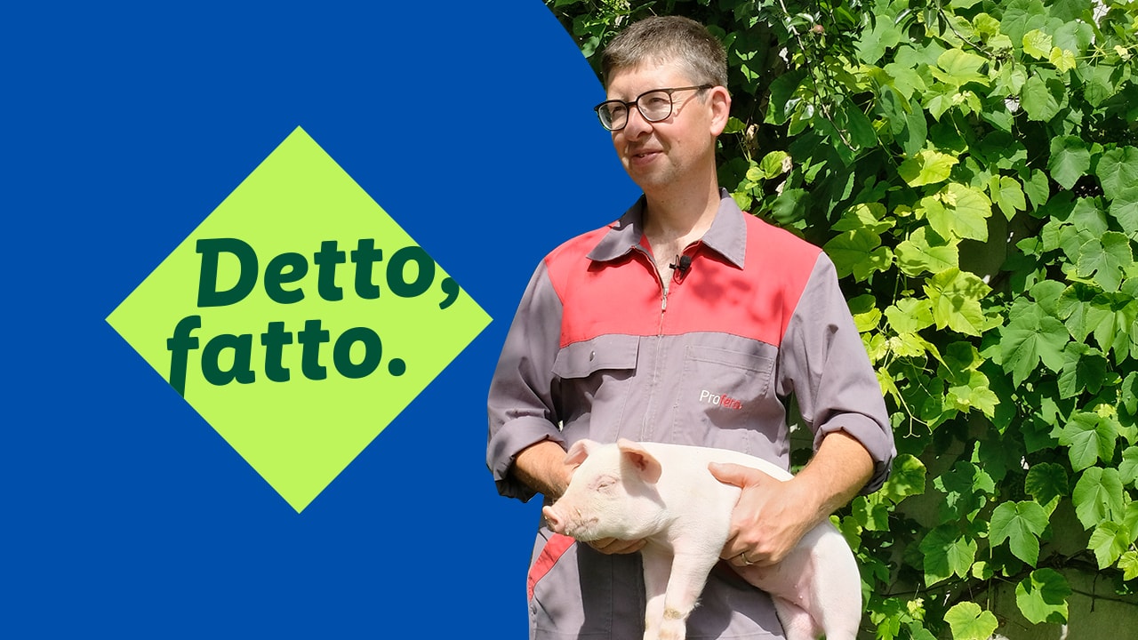 Sigi Notz-Burri con un maialino in braccio. Miniatura italiana su YouTube, Detto fatto.