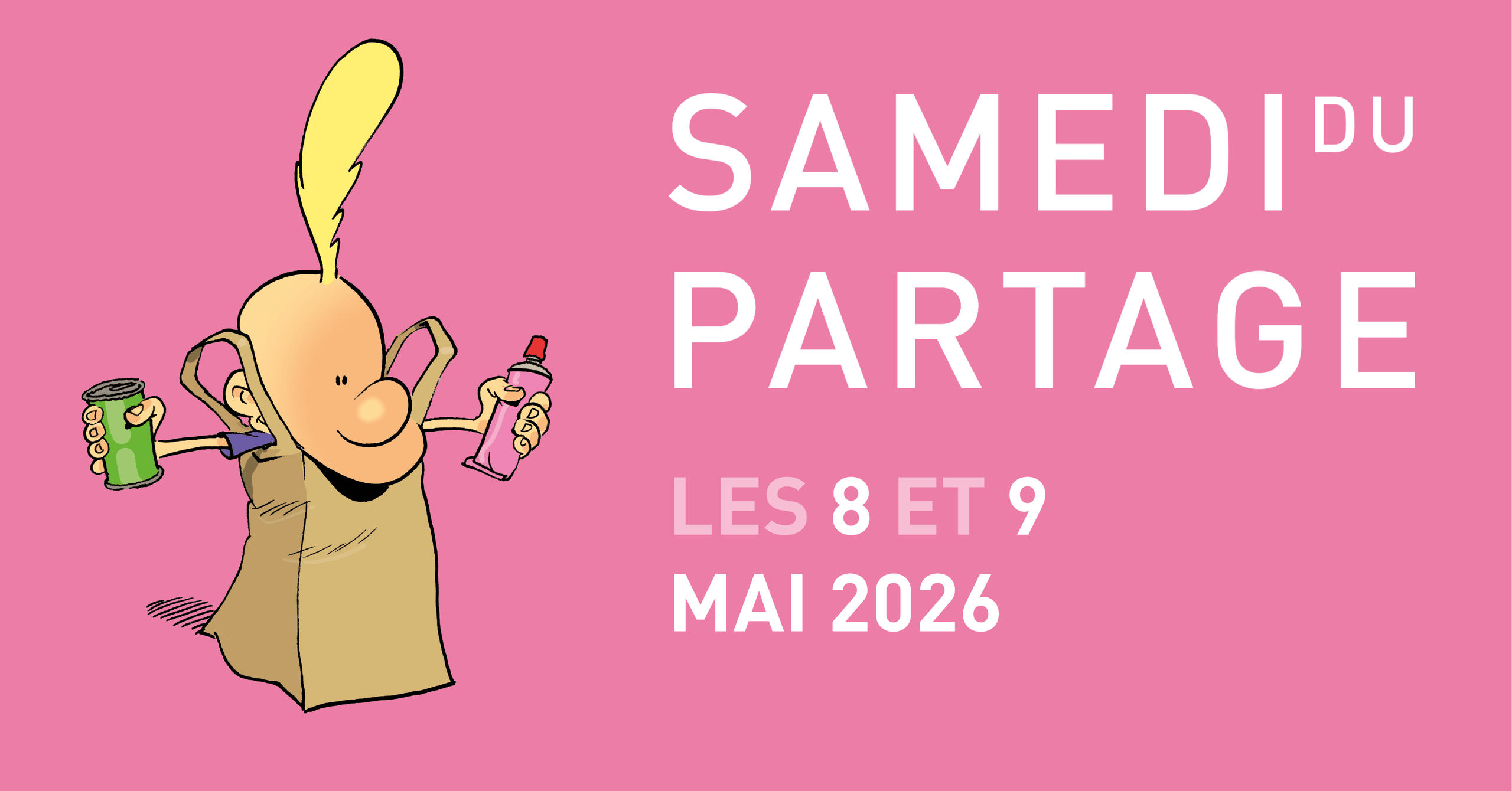 Samedi du Partage – Un personnage de dessin animé avec une plume jaune tient une boîte de conserve et un tube dans les mains, sur fond rose.