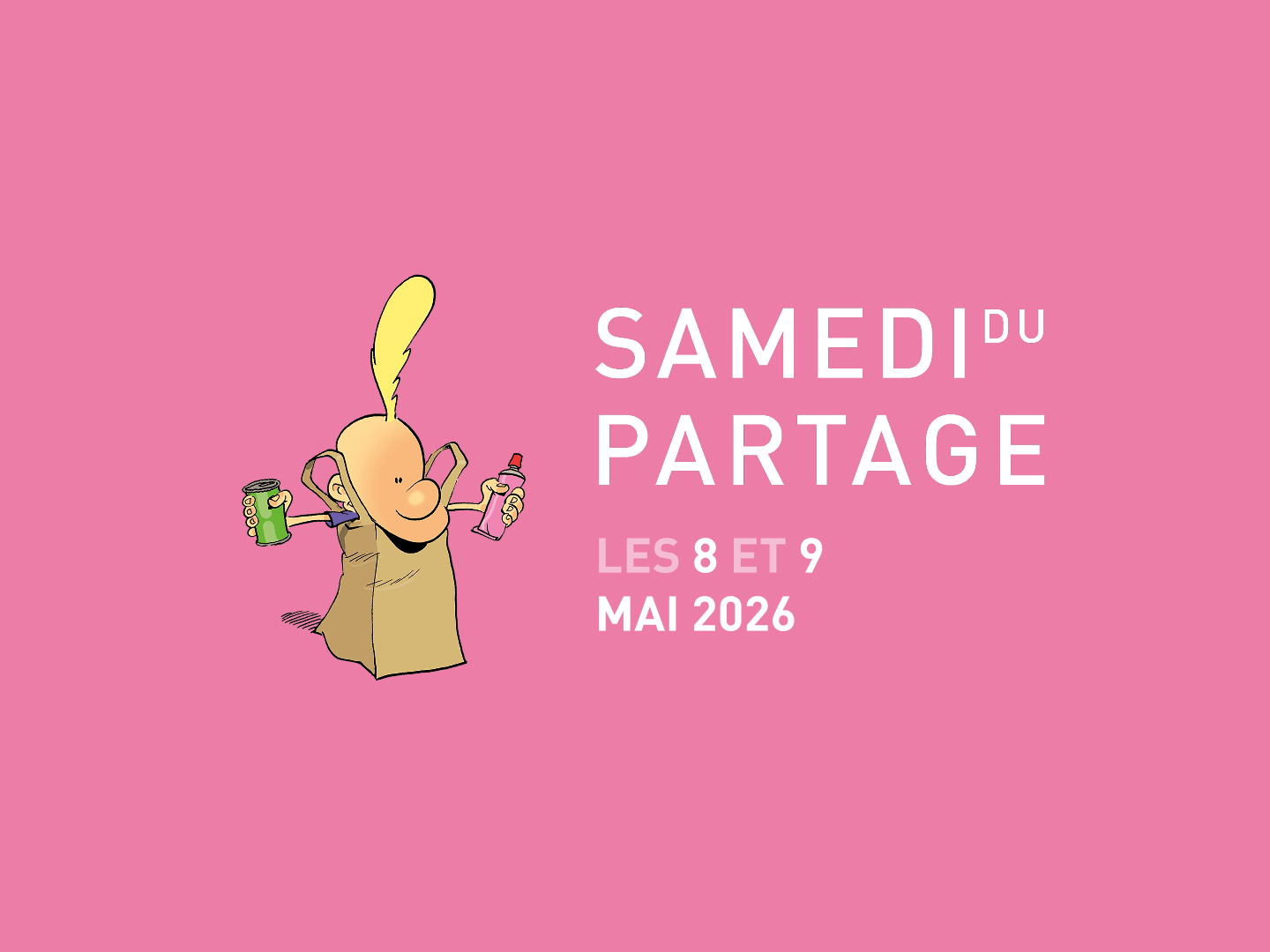 Samedi du Partage – Eine Cartoon-Figur mit gelbem Federbusch hält eine Dose und eine Tube in den Händen, auf pinkem Hintergrund.