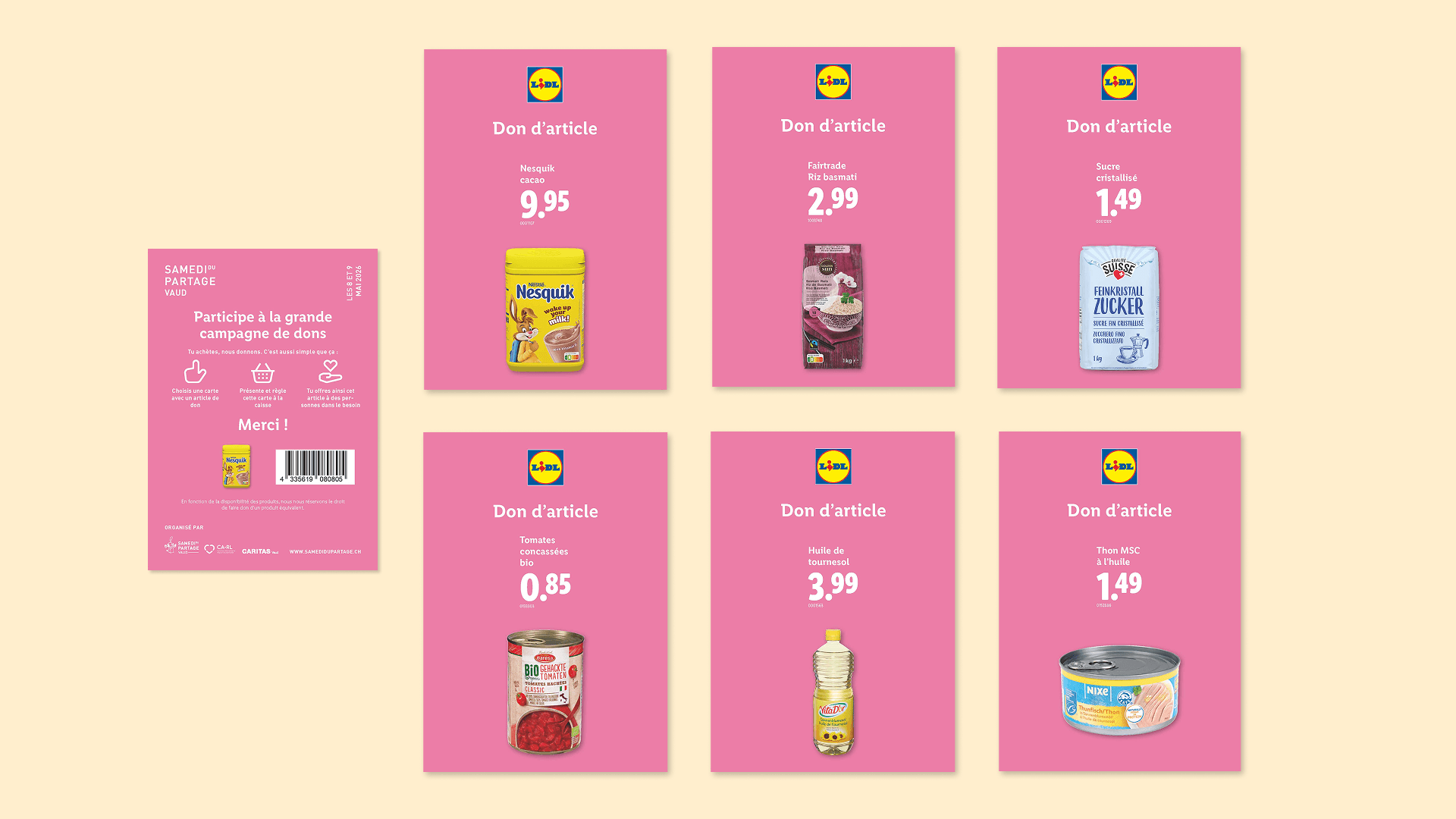 Lidl Samedi du Partage Vaud – Kampagne für Lebensmittelspenden: Sechs pinke Produktkarten mit Spendenartikeln (Nesquik Kakao 9.95, Fairtrade Basmati-Reis 2.99, Kristallzucker 1.49, Bio-Tomatenstücke 0.85, Sonnenblumenöl 3.99, MSC-Thon in Öl 1.49) sowie eine Erklärungskarte mit Anleitung zur Teilnahme – organisiert von Samedi du Partage, CA-JL und Caritas.