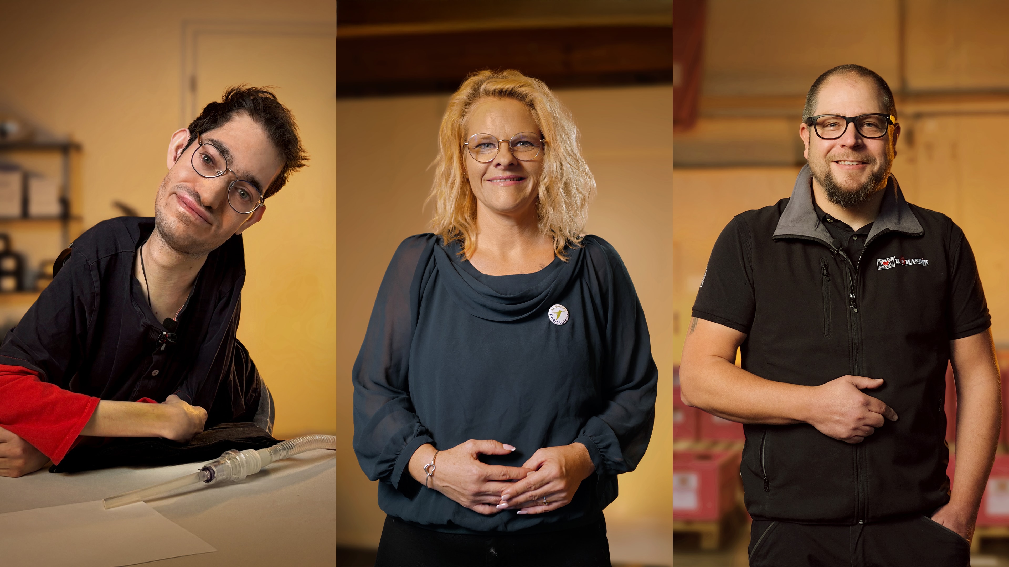 Spendenaktion Engagés pour une bonne cause, de g. à d. : Kevin Guagenti de l'Ange de Noël, Fabien Junod des Cartons du Cœur Romandie et Anita Eichenberger de Petite Suisse Kinderhilfe