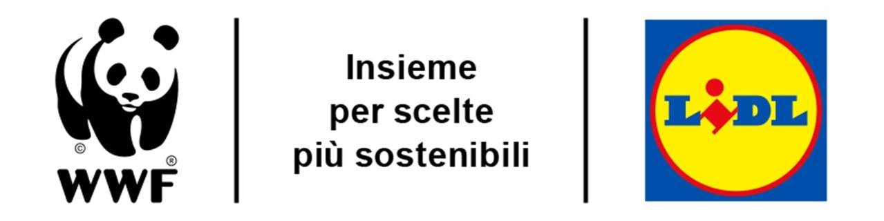 Logo WWF, testo: Insieme per scelte più sostenibili, logo Lidl.