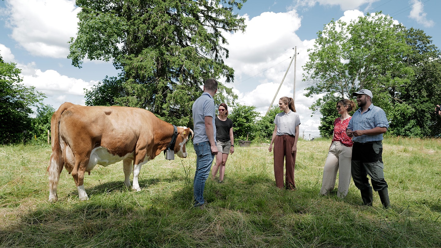 Visite Agroimpact : Jocelyn Altermath, Amélie Fietier, Nora Meier, Aude Jarabo et fermier Christian Tschanz avec vache.