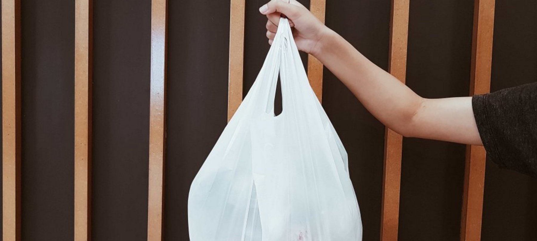 Hand hält Plastiksack.