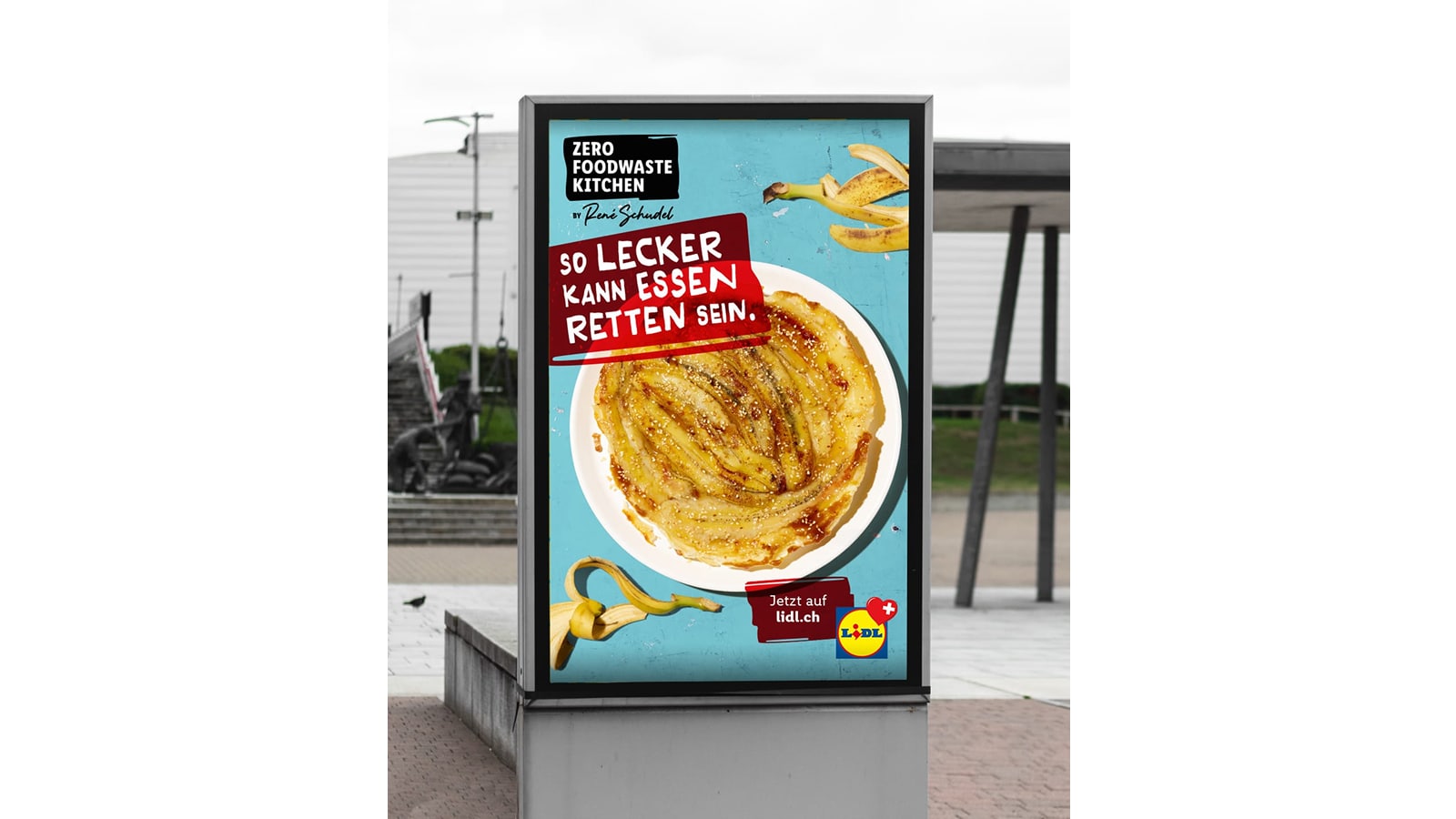 "Zero Foodwaste Kitchen" Plakat zeigt Bananentartetatin.