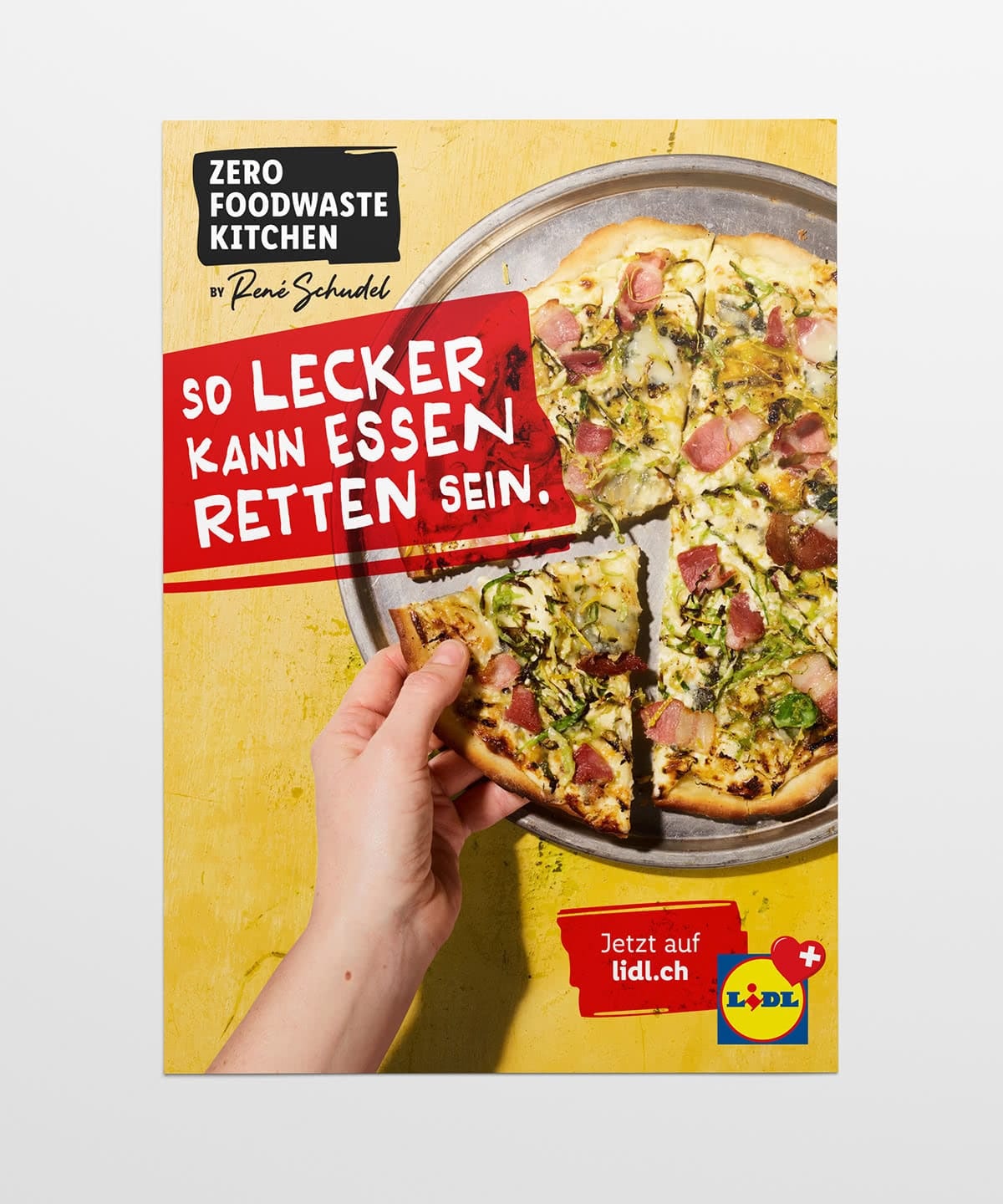 "Zero Foodwaste Kitchen" Plakat mit Pizza.