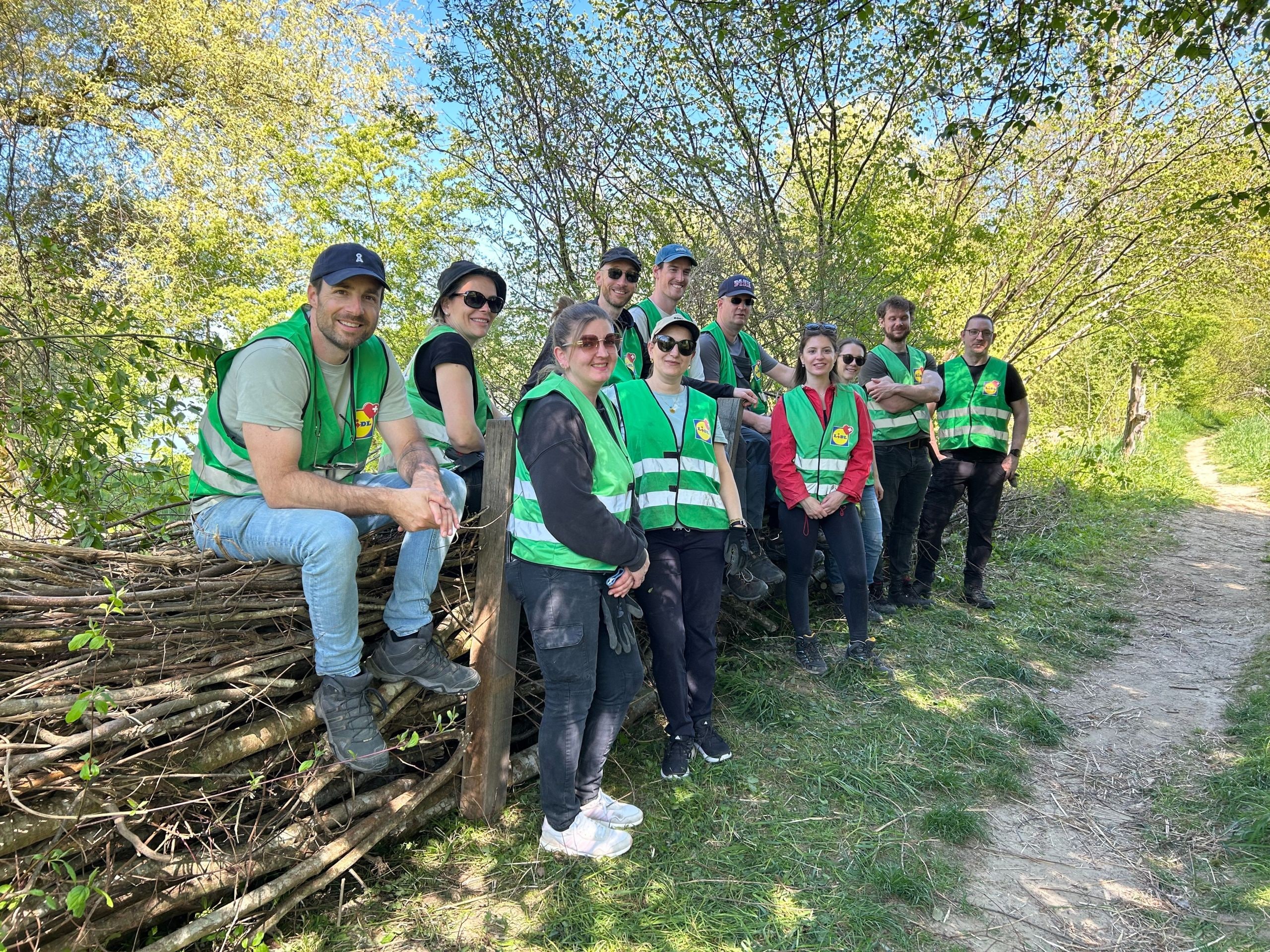 Onze collaborateurs de Lidl Suisse en gilets de sécurité verts posant en souriant devant une clôture en clayonnage fraîchement construite en forêt – un élément de structure réalisé par l'équipe pour valoriser l'habitat du sonneur à ventre jaune et d'autres espèces protégées.