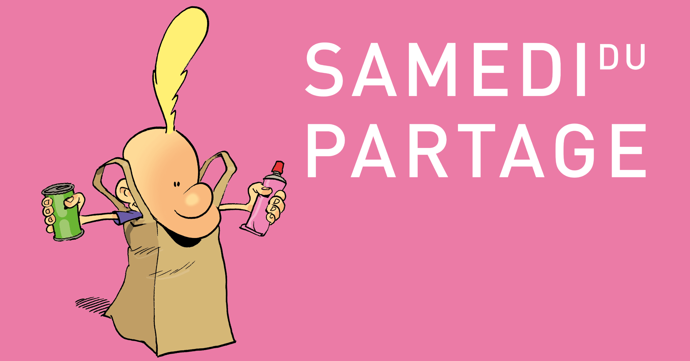 Samedi du Partage – Un personnage de dessin animé avec une plume jaune tient une boîte de conserve et un tube dans les mains, sur fond rose.