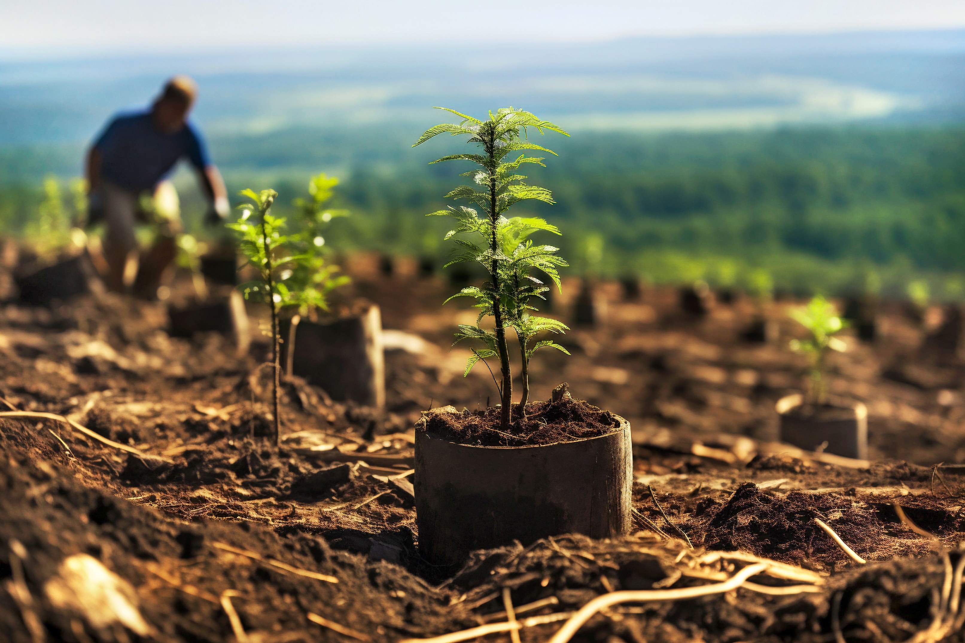 Ein kleiner, grüner Setzling wächst in einem biologisch abbaubaren Topf auf einer grossen Freifläche.