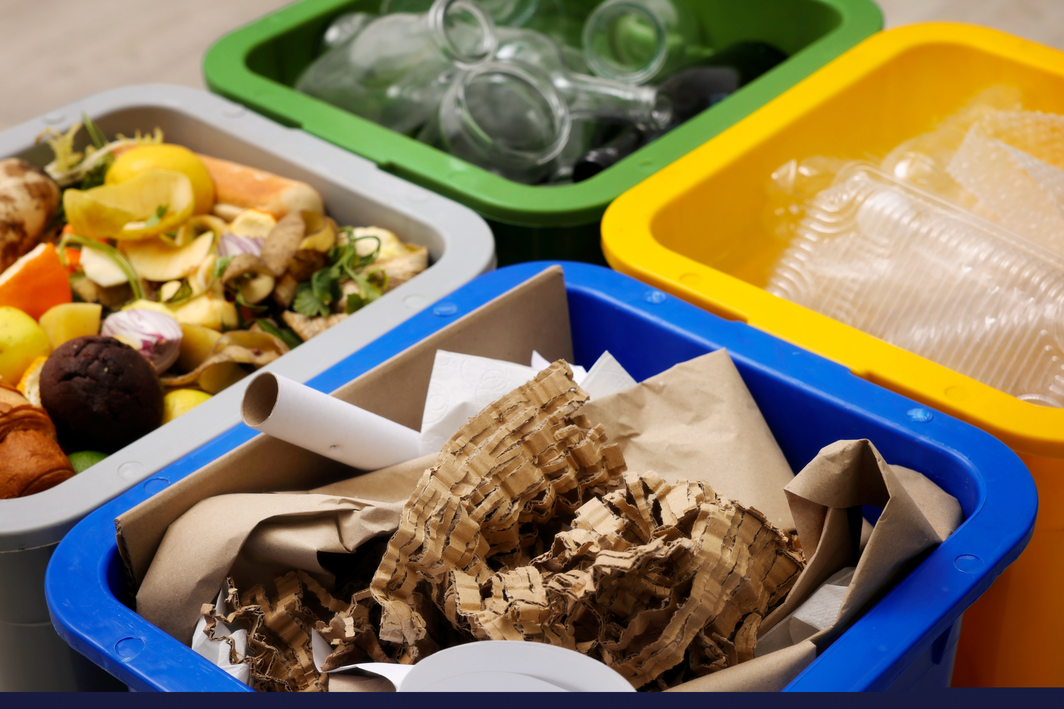 Vier verschiedene Mülltonnen (grau, grün, gelb, blau) sind mit Bioabfall, Glas, Plastik und Papier zur korrekten Trennung gefüllt.
